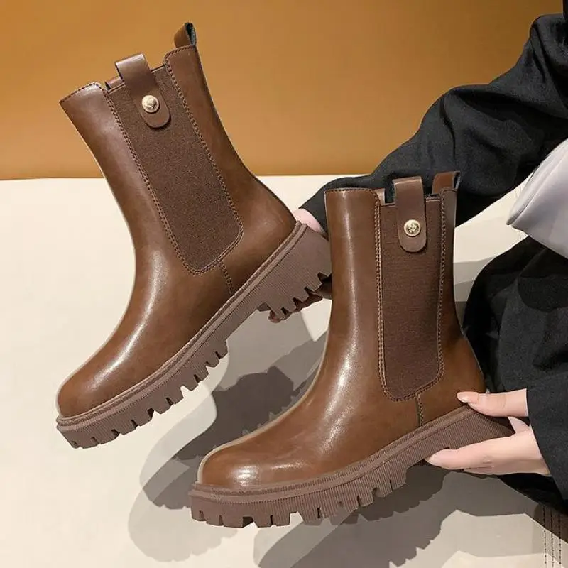 

Ботинки Челси женские с круглым носком, шикарные дизайнерские ботинки на платформе, без застежки, на квадратном каблуке, для осени и зимы
