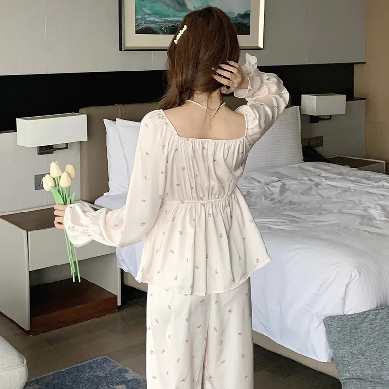 Женский пижамный комплект с V-образным вырезом рубашка принтом брюки ночные