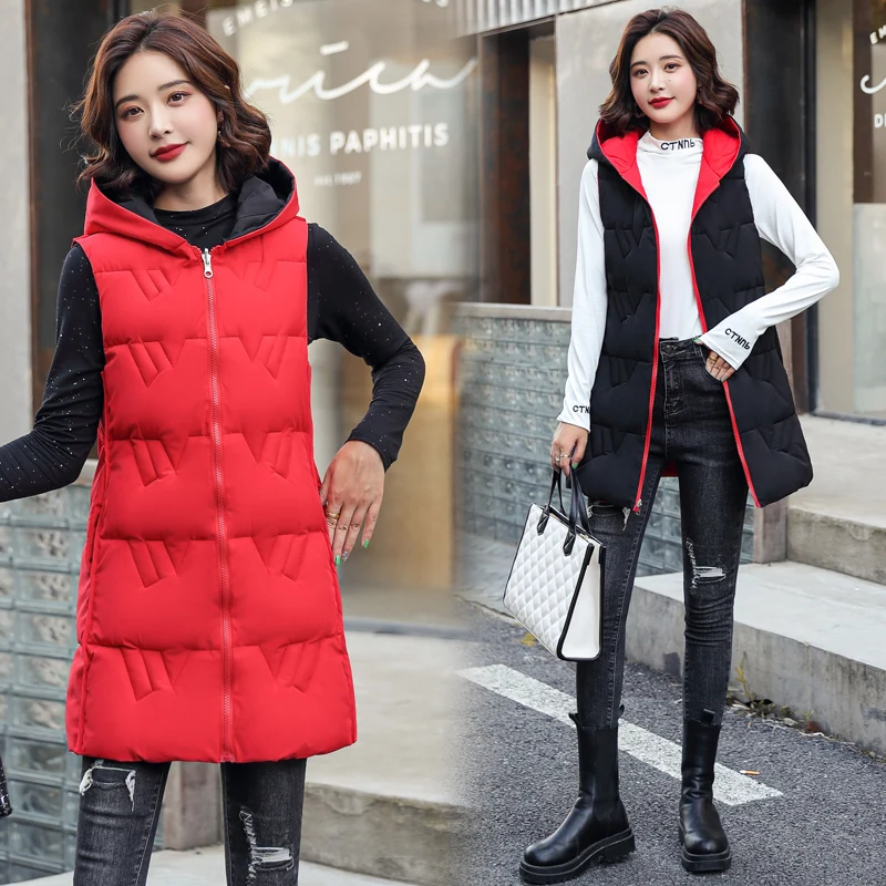 

New Fashion Women's Vest Long 2023 Winter Vests For Women Warm Hooded Coat Female Waistcoat Slim Ladies Coats Red