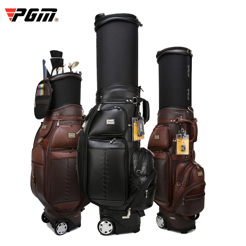 PGM Classic Men's Leather Golf Bags Portable Golf Standard Bag with Wheels Classical Microfiber Leather Vintage Golf Clubs Bag