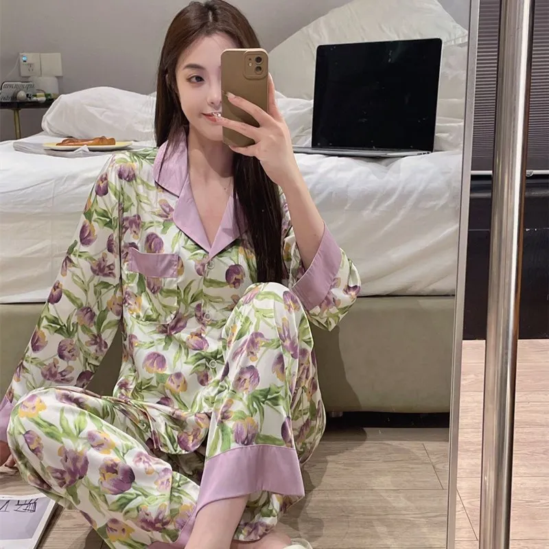 

2023 New Ice And Snow Silk Pajamas Female High-end Floral Long-sleeved Cardigan Home Wear rinting Plus Size Nightwear