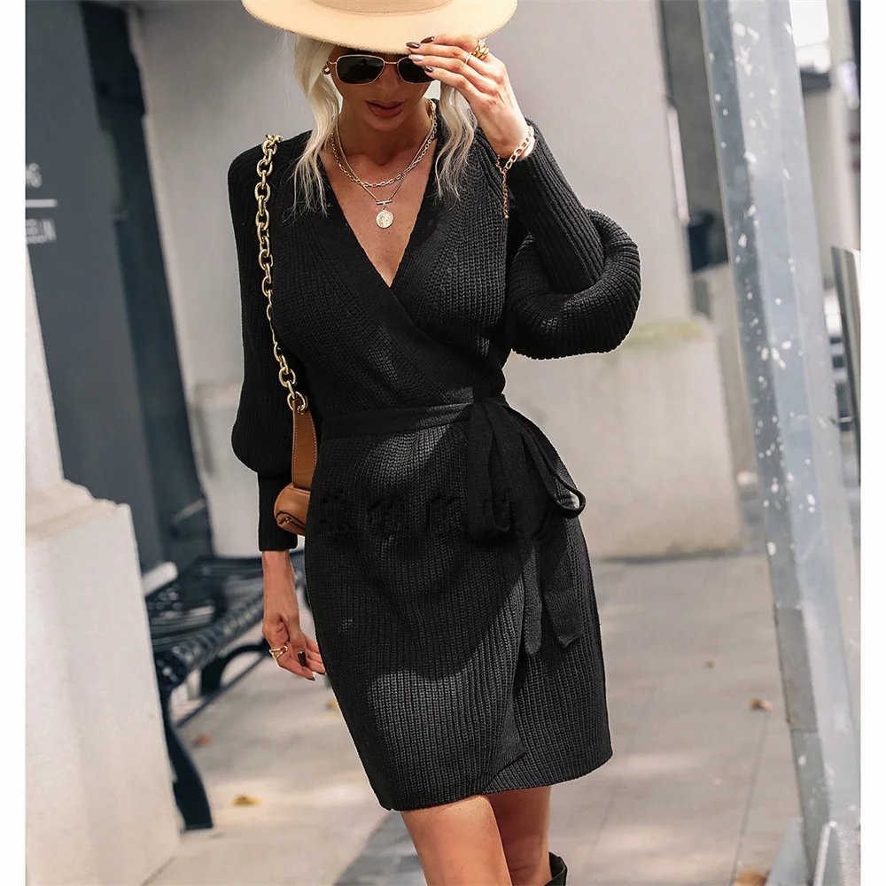 

2022 Autumn and Winter Mid-length Cardigan Solid Color European Beauty Knitted Strap Cardigan Sweater Women