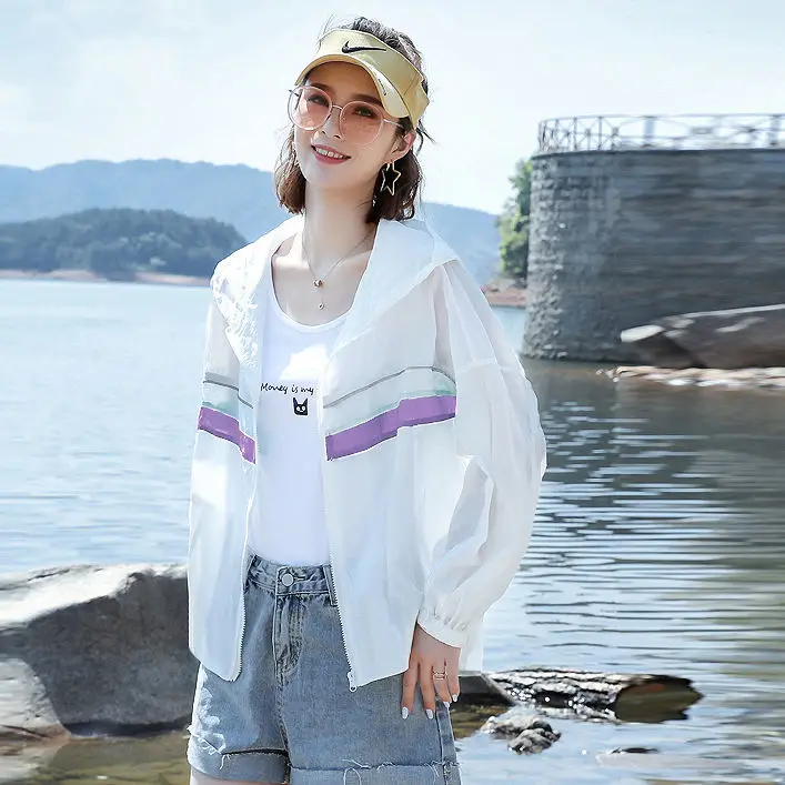 

2022 Women Summer New Hooded Sun Protection Clothing Female Patchwork Sunscreen Jackets Ladies UV Thin Coats E29