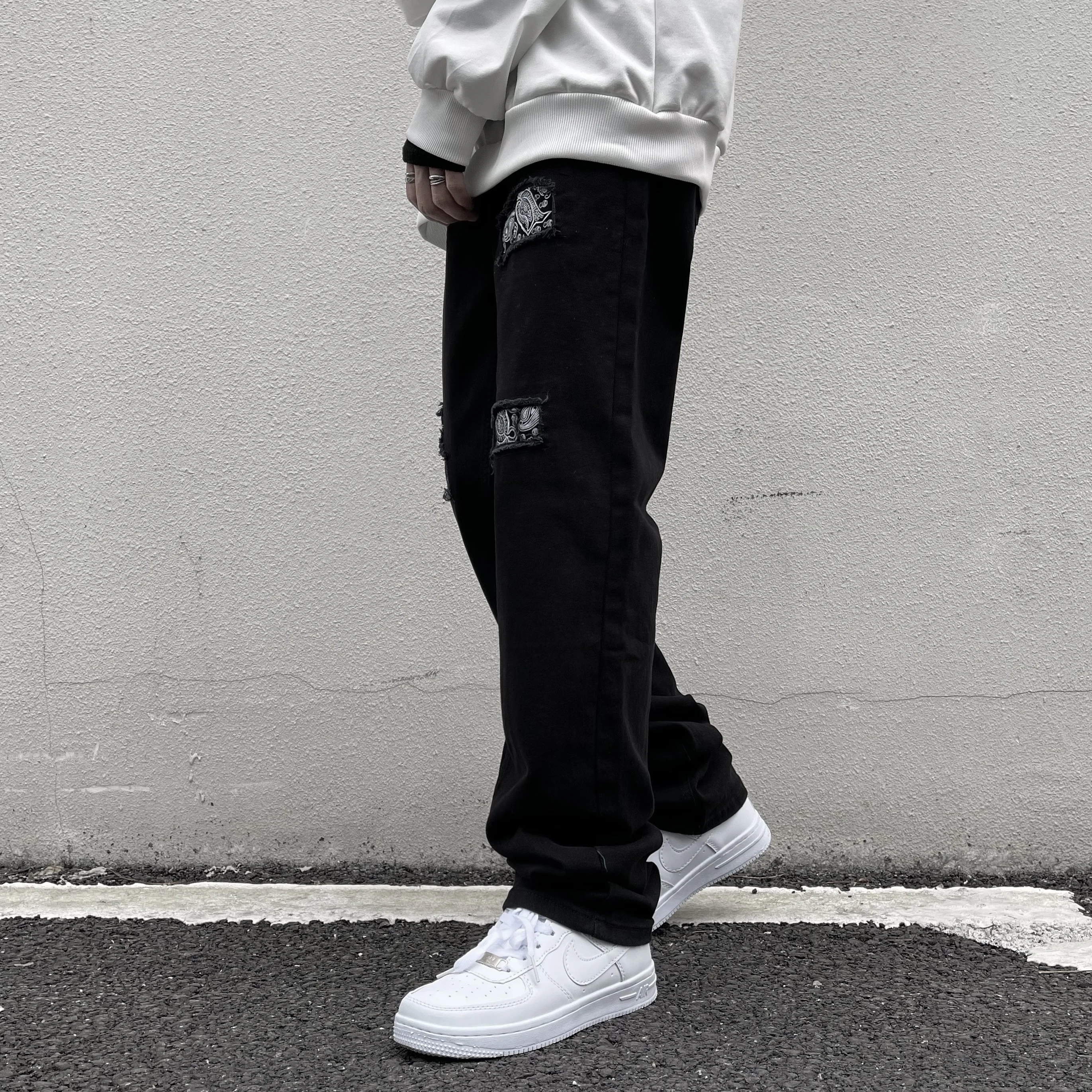 Men Ripped Straight Baggy Embroidery Jeans Destroyed Hole Denim High Quality Hip Hop Black Pants