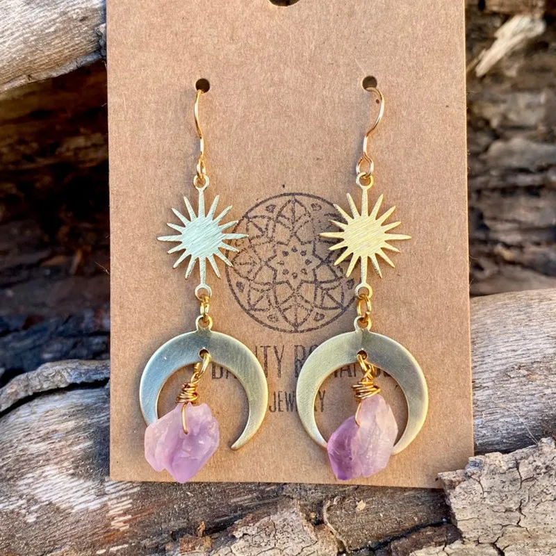 Серьги с аметистом и кристаллом в виде Луны искусственных элементов серьги