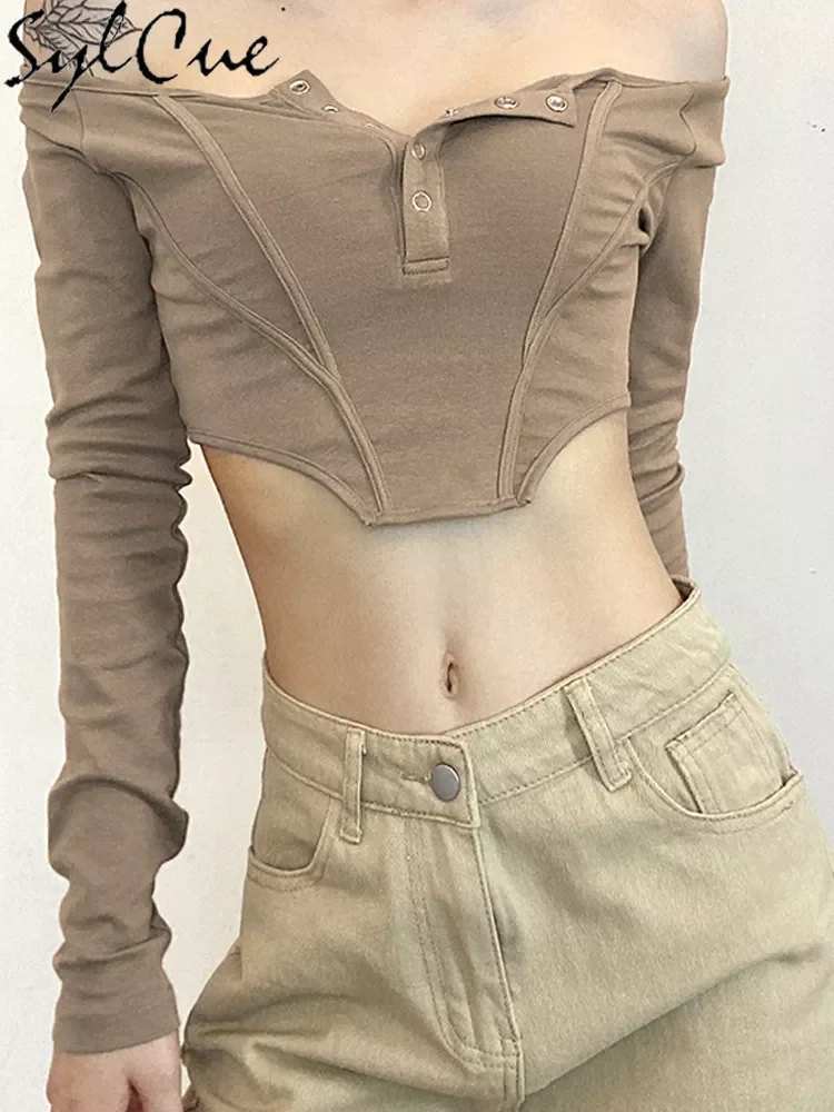 

Sylcue Autumn New Light Brown Crop Top Long Sleeve T Shirt With Horizontal Neck Sexy Shoulde Tight T-Shirts Stretch Slim Soft