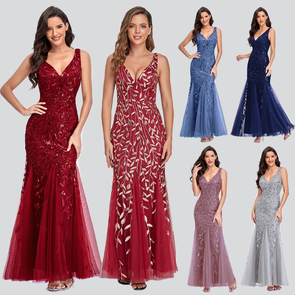 

Women Elegant Formal Dress Sequined Tulle Applique Deep V-neck Hollow Sleeveless Fashion Mermaid Wedding Party Evening Dresses
