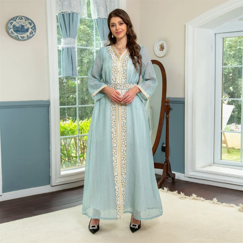 Elegant Turkish Abayas Muslim 2 Pieces Set Kaftan Dubai Luxury Diamonds Arabic Dresses Floral Embroidery Lace Tape Belted Dress