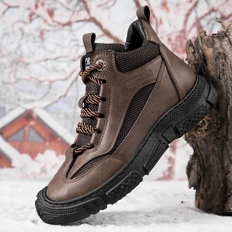 STRONGSHEN Men Leather Boots High Top Hiking Shoes Mans Footwear Outdoor Casual Non-slip Work Boots Fashion Ankle Botas Desert B