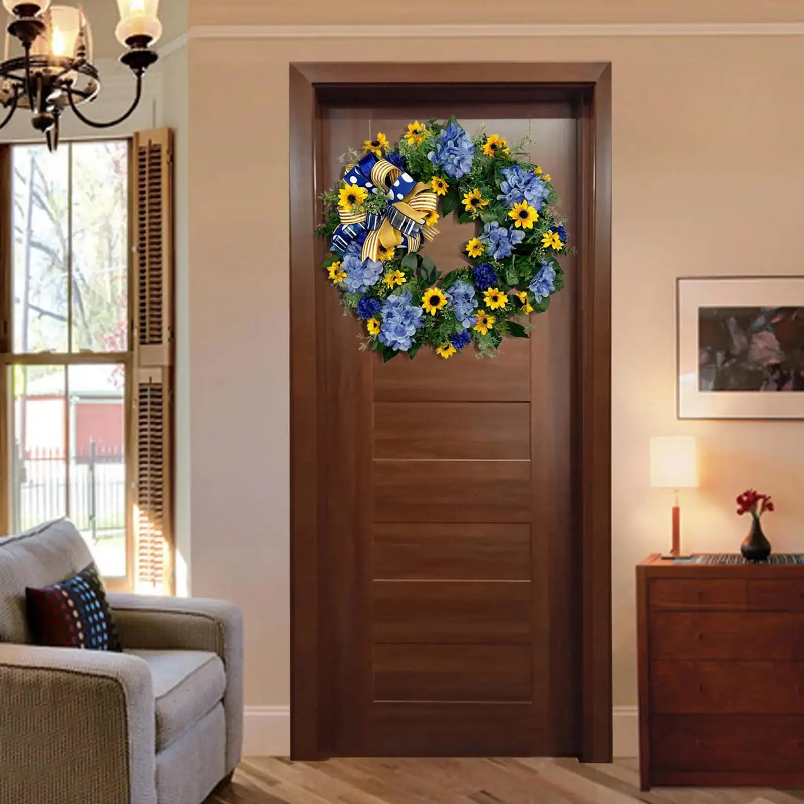 

Spring Front Door Wreath with Leaves Cluster Round Sunflower Artificial Floral for Window Celebration Farmhouse Home Decoration