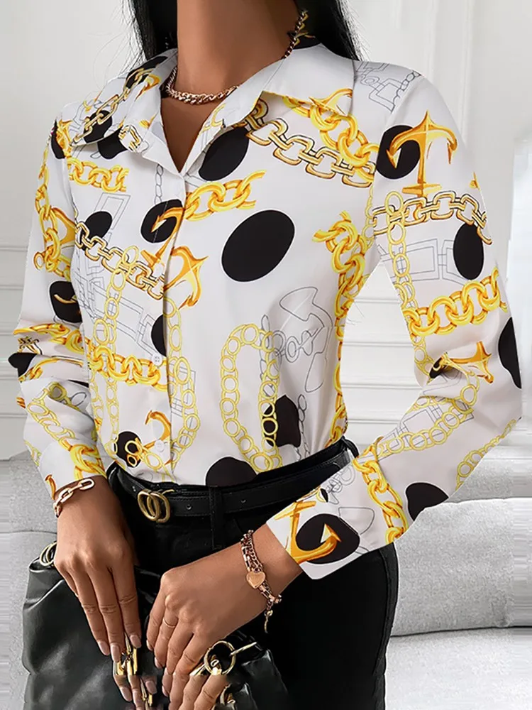 

2022 New Style Women's Summer Long Blouse Fashion Chain Print Stand Collar Shirt Autumn Casual Clothes Loose T-Shirt Office Top