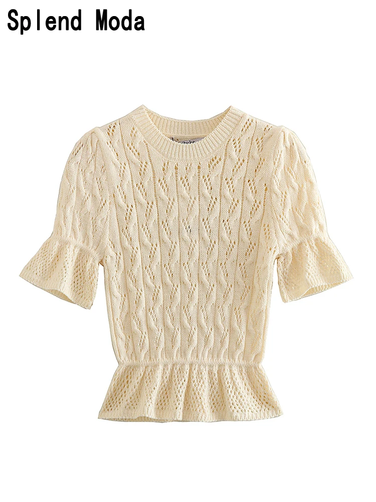 

2023 Women Summer Fashion Sweet Hollow Out Jacquard Knitted Pullover Short Sleeve Sweater Casual Chic Ruffles Slim Jumpers TRAF