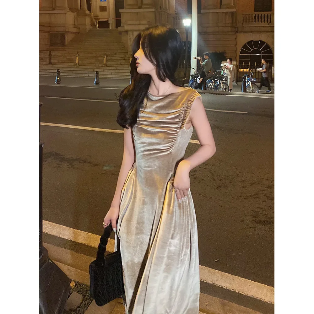 

Женское бархатное платье без рукавов, повседневное однотонное облегающее платье-трапеция в Корейском стиле, весна-осень 2022