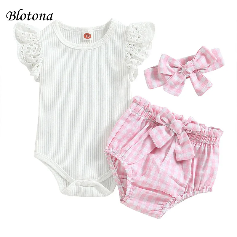 

Blotona Baby Girl Clothes Suits Solid Color Fly Sleeve Crew Neck Romper Plaid Elastic Waist Shorts Bow Headband 3Pcs Set 0-24M