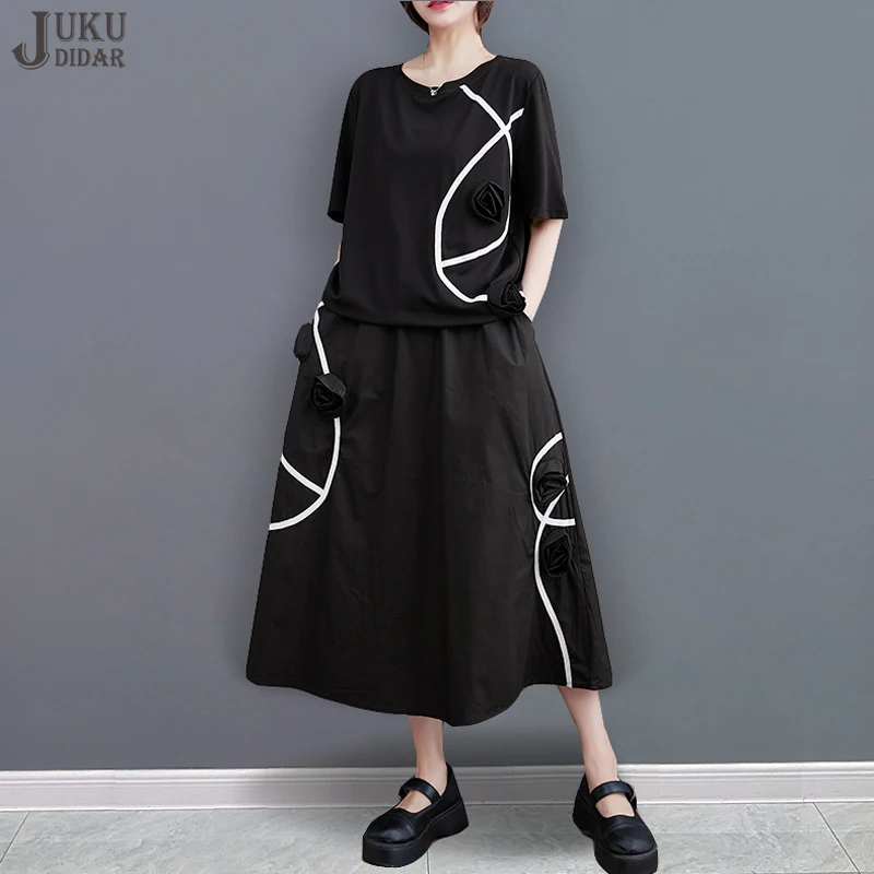 

Bright Line Decoration Tie Flowers Japanese Style New Summer Woman Two Pieces Set Black T-shirt And A-Line Skirt Outfits JJSE030