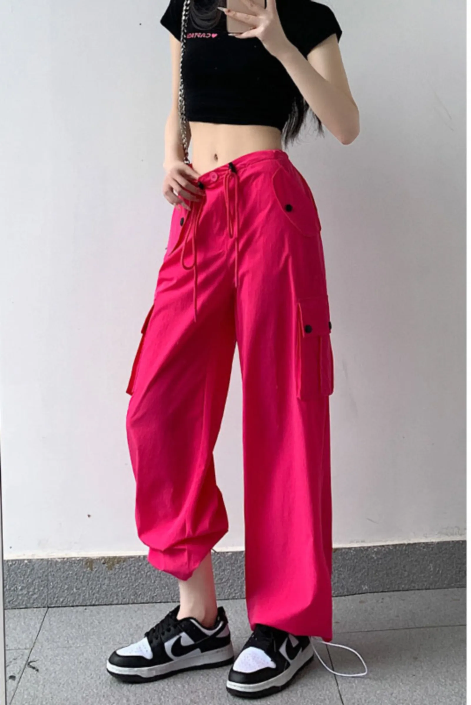 Y2K Pocket Baggy Cargo Pants Womens Loose Trousers Wide Leg Hot Pink Campus Female Green Grey Black