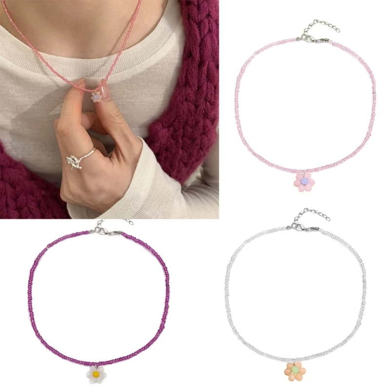 

Colorful Rice Beads Necklaces Flower Pendant Choker Beads Choker Party Accessory