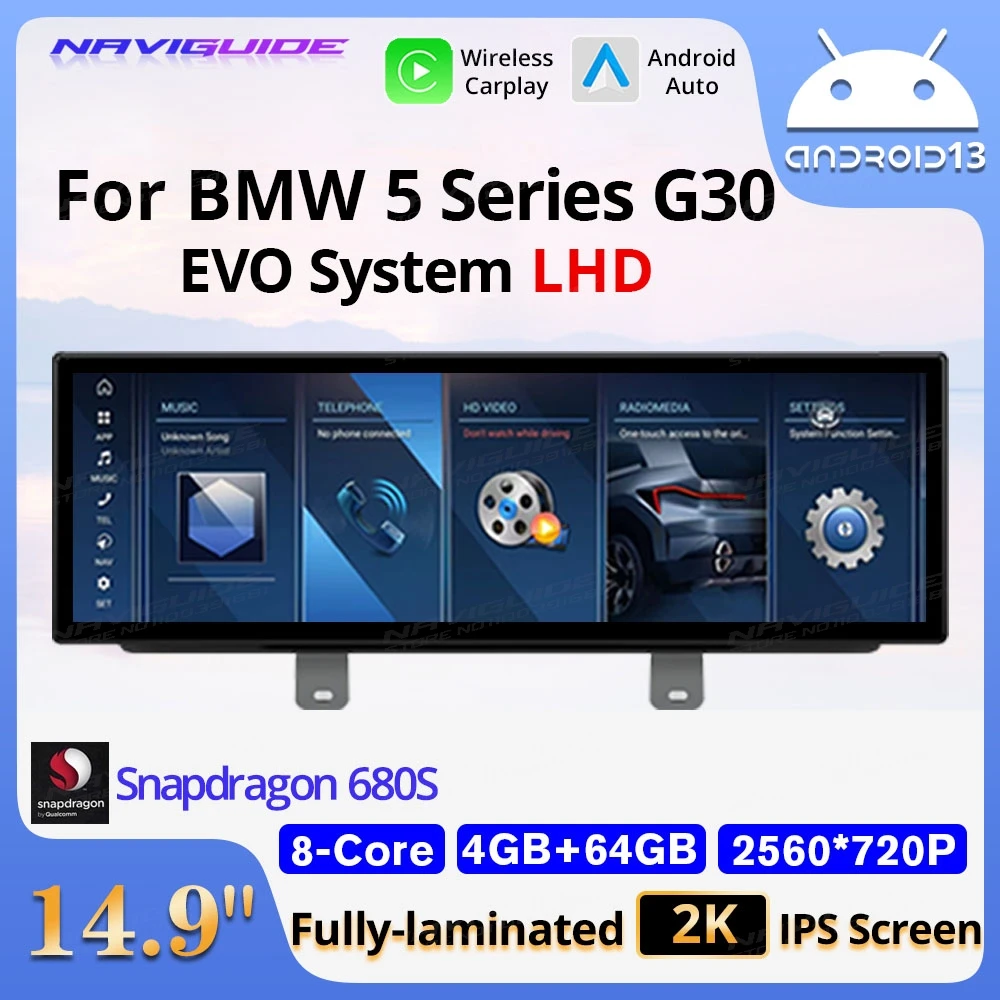 NAVIGUIDE 14.9'' 4G+64G Carplay Auto For BMW 5 Series G30 G31 LHD EVO System Car GPS Navi Multimedia Video Player BT Headunit