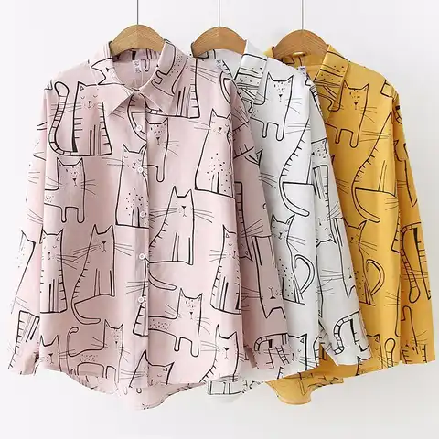 2023 Spring Casual Fashion Vintage Autumn Women Long Sleeve Shirts Cute Cat Print Shirt Female Loose Blouses Girl Ladies Tops