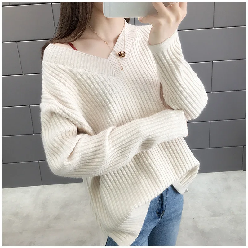 

Long-sleeved solid color spring and autumn all-match casual V-neck bottoming shirt gray