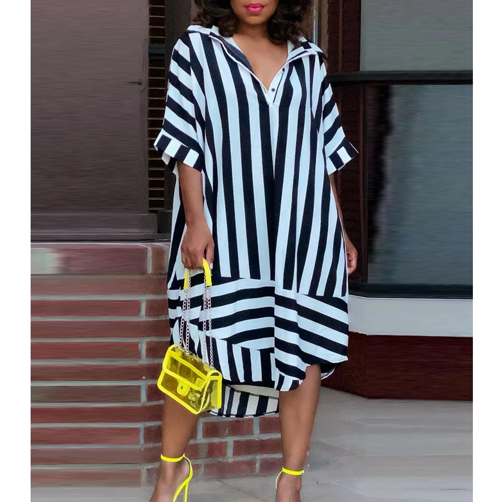 

Wepbel Long Sleeve Shirt Dress Striped Print Button Front Loose Casual Striped Dress Women Summer Casual Shirt Dress No Belt