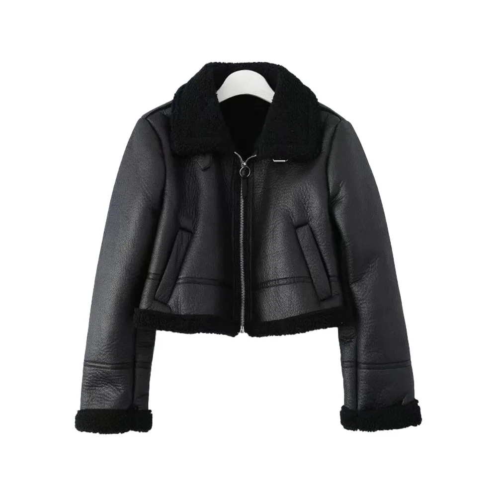 Hot Selling Vintage Long Sleeve Female Outerwear Chic Top Women's Fashion Thick Warm Winter Fur Faux Leather Cropped Jacket Coat