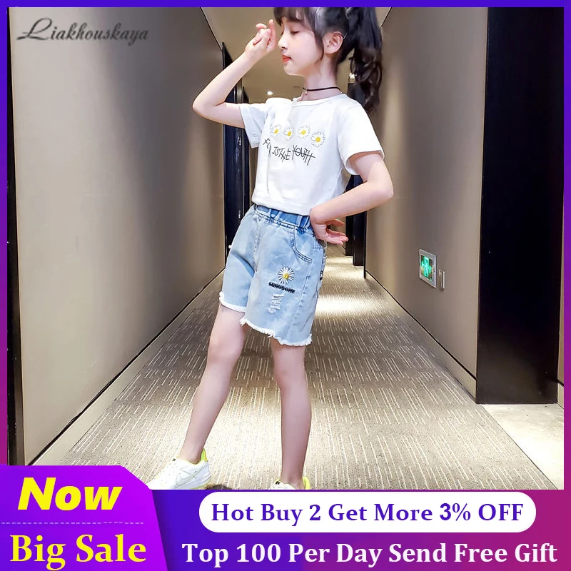 

High Quality Summer Fashion Girls Daisy Jeans Ripped Denim Short Pants Kids Trousers Children Clothes Casual Teenager Shorts