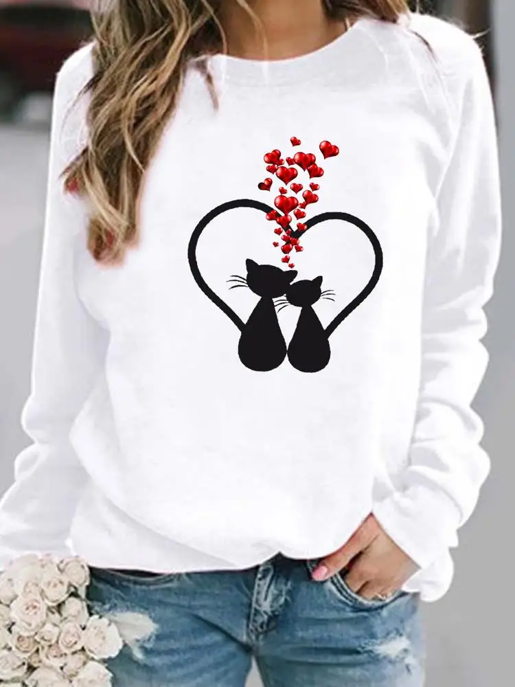 Женская Повседневная Толстовка с рисунком в виде сердца и кота | одежда