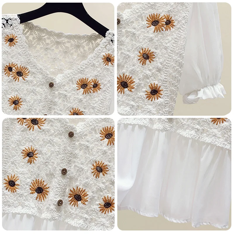 Шифоновый ажурный кардиган с вышивкой ромашки летняя стильная рубашка модные