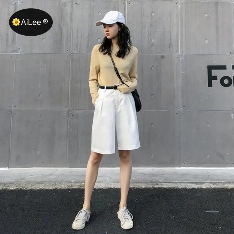 Knee Long Wide Leg Casual Women Shorts A-line High Waist Slim Summer Shorts Feminino Chic S M L Ladies Bottom Casual Street Wear