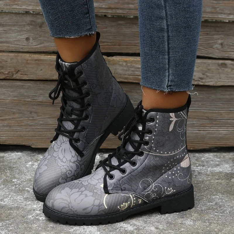 

short Boots Women's Spring Autumn New 2022 British Fashion Women's Boots Print High-top Boots Ladies Lace Up Women's Shoes