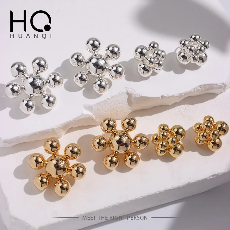 

HUANQI Fashion Round Ball Flower Metal Stud Earrings for Women Girls Personality Irregular Party Jewelry 2023 New Trendy