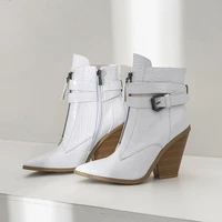 black white gold stone leather buckle belt martin boots gladiator pointed toe chunky high heel ankle boots winter knight boots