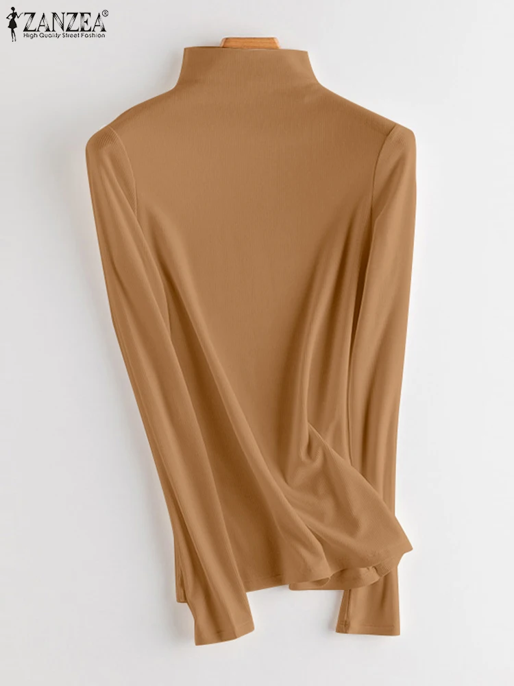 

Модные женские футболки, топ для офиса, повседневная однотонная блузка с длинным рукавом, уличная одежда ZANZEA, пуловер оверсайз