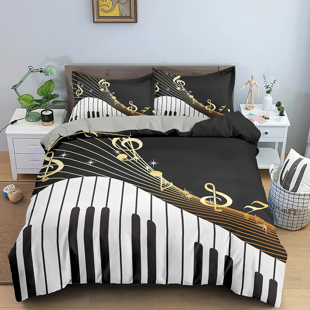 

Комплект постельного белья для музыки, клавиатура пианино, пододеяльник для музыкальных нот, кровать королевского размера, искусственная гитара из микрофибры, набор постельного белья s