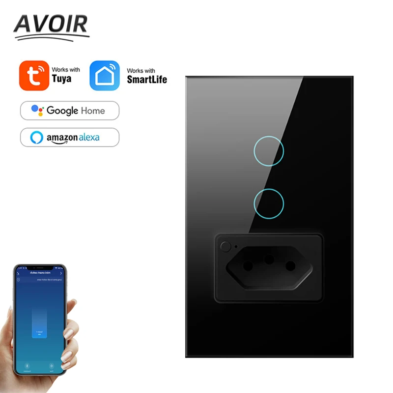 

Avoir Tuya Wall Light Switch Smart Sockets And Touch Switches Black Glass Panel Wifi Connected Socket Brazil Standard Power Plug