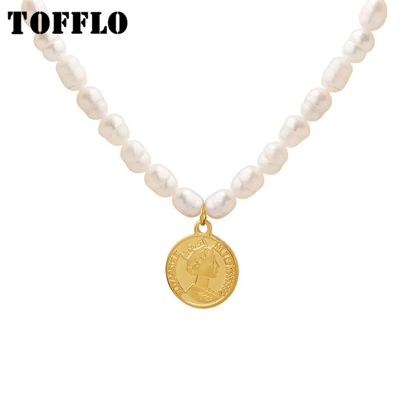 

TOFFLO Stainless Steel Jewelry Face Image Double Sided Letter Pendant Necklace Female Fashion Pearl Collar Chain BSP1331