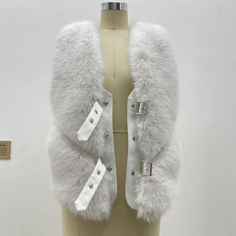 Fur Vest Wasitcoat Women 2023 Spring Autumn Imitation Fox Fur Vest Leather Patchwork Fashion Slim Sleeveless Faux Fur Coat