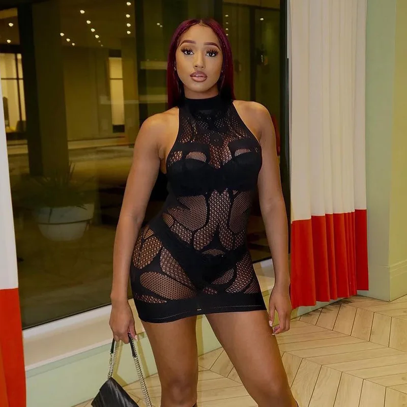 Women Sexy Grid Stitching Mini Dress See Through Hot O-Neck Sleeveless Bodycon Night Clubwear Lingerie Skirt Female Bar Clothing