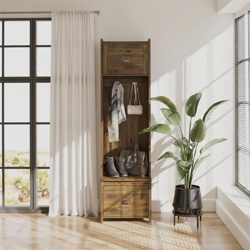 

Woven Paths Scandi Farmhouse Entryway Hall Tree with Storage Bench, Rustic