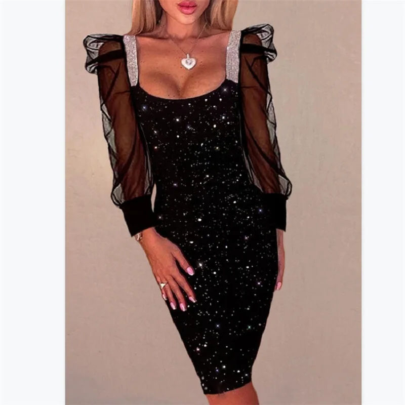 

Ladies Sexy Square Neck Dresses Mid Waist Solid Slim Fit Mesh Puff Sleeve Dress Party Clothing Summer Fashion 2022