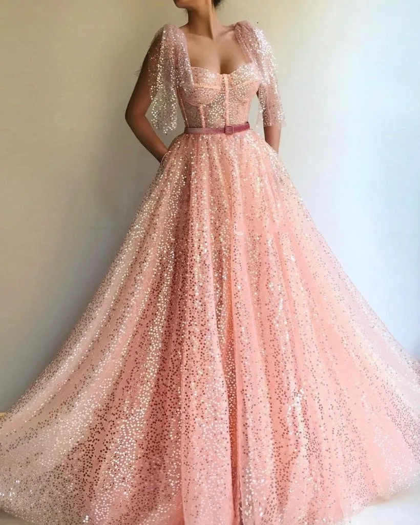 

Private Custom Simple Pink Tulle Sweep Train Ball Gown Sweetheart Cap Sleeve Floor-Length Evening Dress Formal Evening Dress