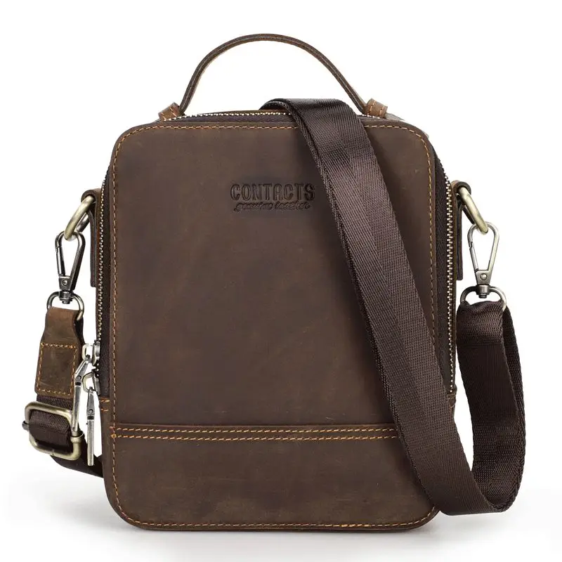 New Retro Crazy Horse Leather Men Shoulder Bag Waterproof Wear-resistant Messenger Bags High Capacity IPad Phone Bag