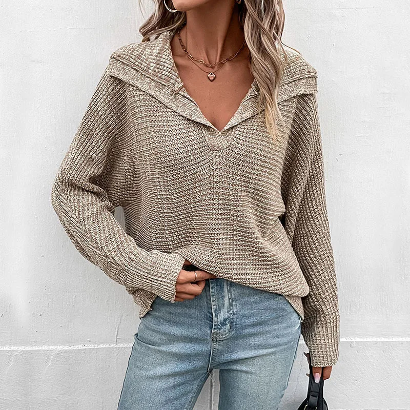 

Knitted Pullover Lapel Sweater Slim Knitwear Pullovers Thin Autumn Winter Knitting Sweaters Long Sleeve Loose Solid Casual
