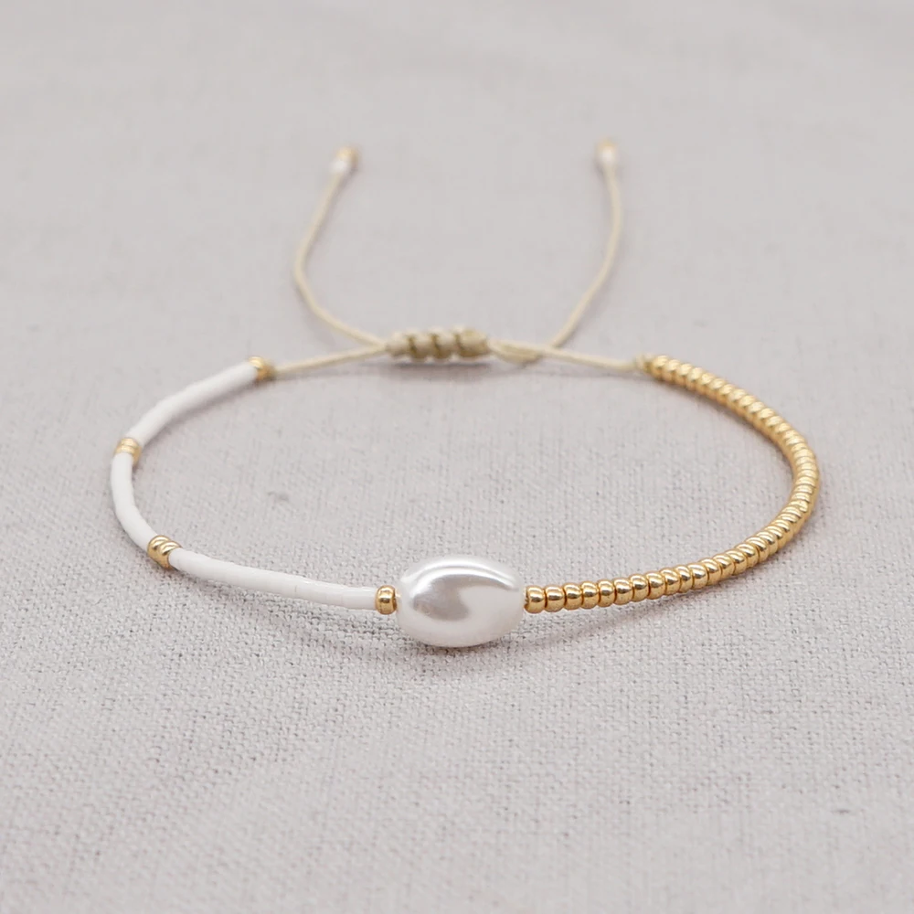 

Faux White Baroque Bracelet Color Contrast Seed Beads Adjustable Simple Bracelets for Women Fashion Jewelry Gift