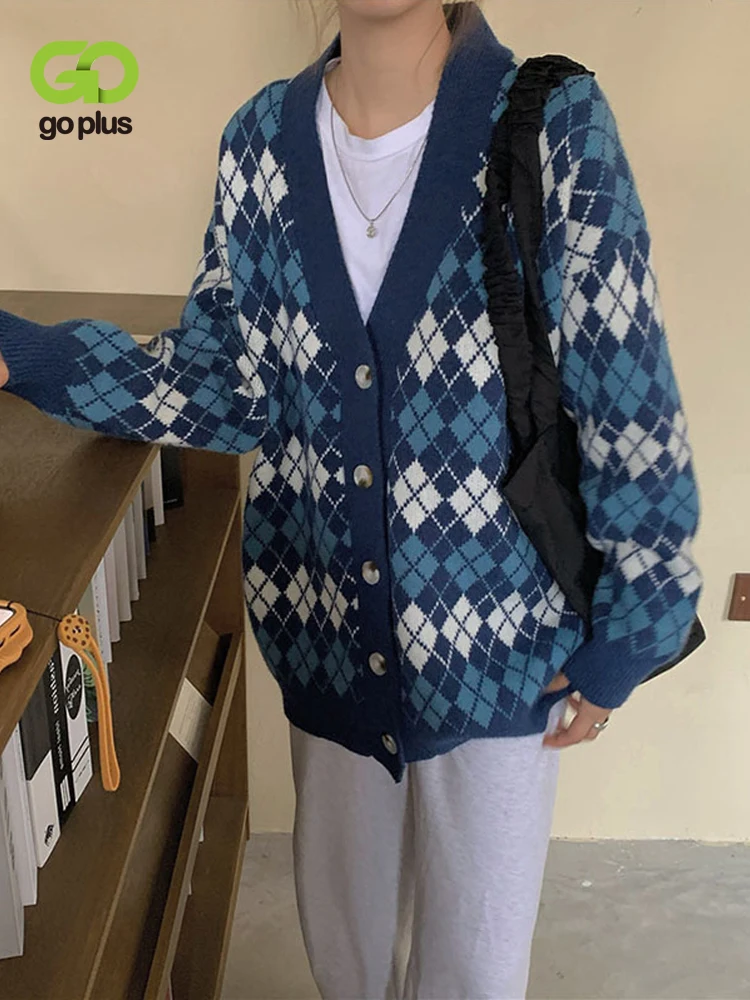 

GOPLUS Women Cardigans V-Neck Casual Vintage Diamond Check knitted Sweater Campus Style Knit Cardigan Loose Fashion Tops 2022