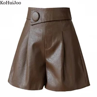 kohuijoo high waist wide leg shorts women spring autumn fashion 2022 button slim straight loose pu leather shorts black zipper