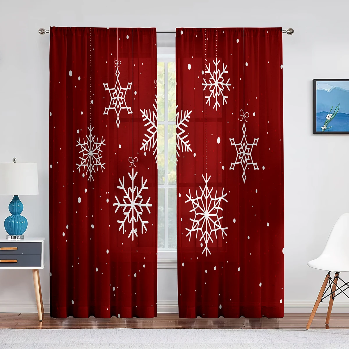 

Snowflake Christmas Red Sheer Curtain for Living Room Decoration Modern Tulle Window Curtain for Bedroom Voile Organza Drapes