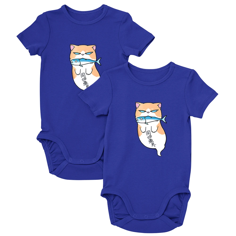 

Creative Cartoon Cat Bite Fish Graphic Baby Girl Boy Onesie Fashion All-Match Harajuku New Casual O-Neck Newborn Romper