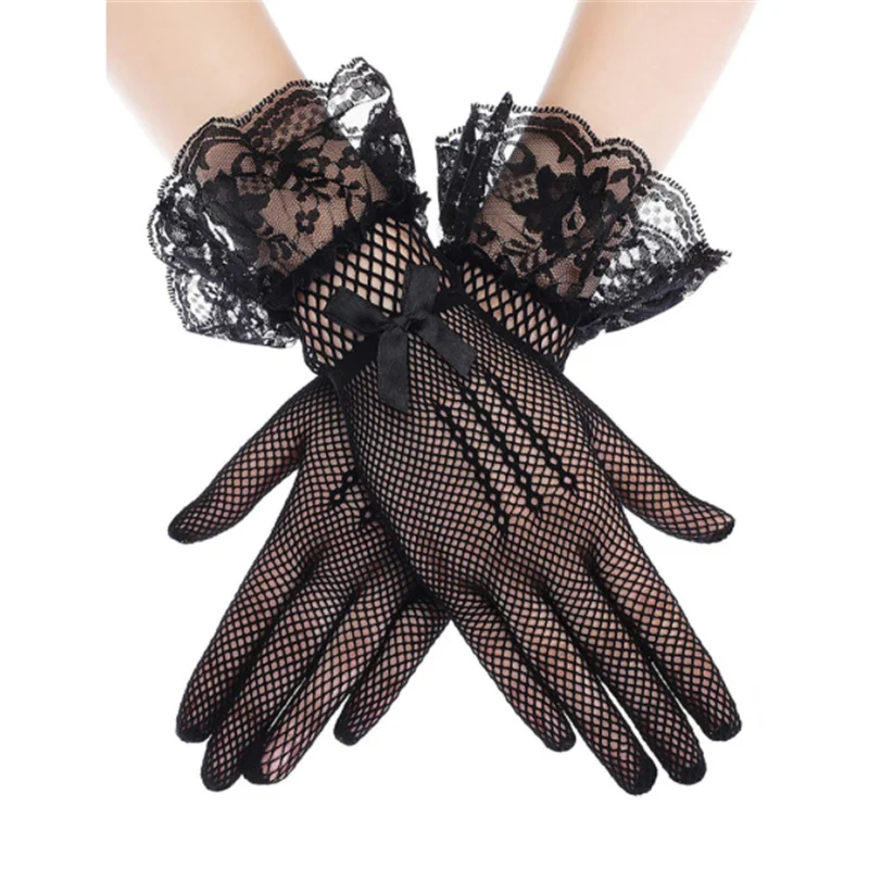 

Women Black White Summer Uv-proof Driving Gloves Mesh Fishnet Gloves Lace Mittens Full Finger Girls Lace Fashion Gloves